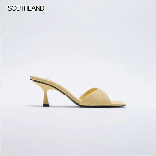 SOUTHLAND Summer High heel mules square toe women slides casual thin heel yellow women sandals