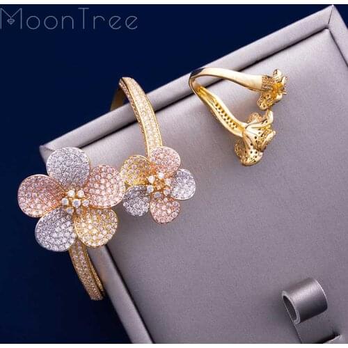MoonTree Flower Floral Fashion Luxury Super AAA Cubic Zirconia Women Engagement Bangle Ring Set Dress Jewelry Sets