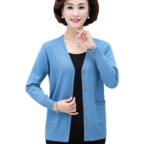 Womens Cardigans 2020 Autumn V-neck Long Sleeve Thin Knitted Jacket Middle-aged Elderly Mother Cardigan Sweater Short Coat 2141