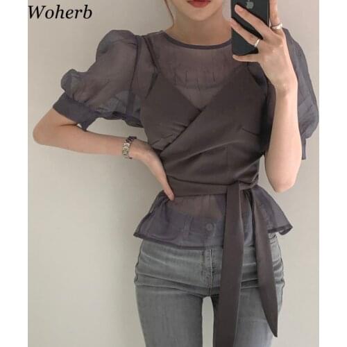 Woherb Womens Two Piece Set See Through Puff Sleeve Shirts Lace Up Slim Waist Sling Tops Korean Fashion Suit Femme Roupas 95300