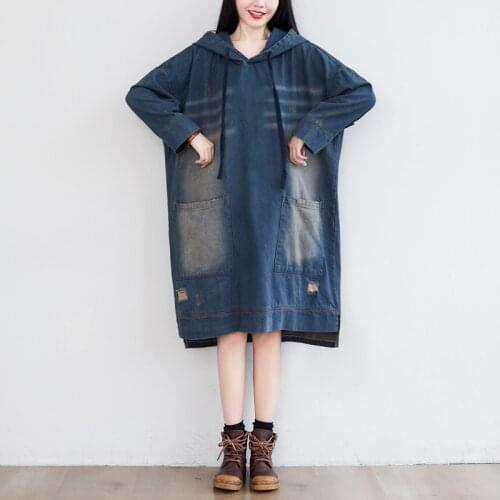 Hooded Denim Dress Women Long Sleeve Loose Jean Dress Autumn Plus size Baggy Vintage Cowboy dresses Bat Sleeve Pockets Dress