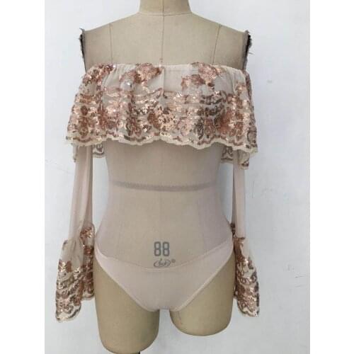 IDress Women Lace Sequined Embroidery Black Mesh Bodysuit Long Sleeve Transparent Body Club Wear Strapless Romper Combinaison