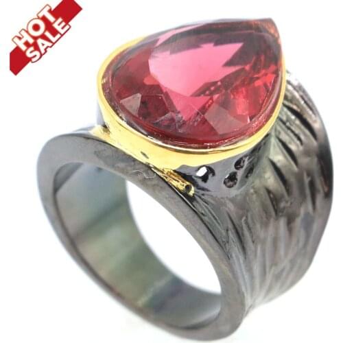 19x15mm Sublime Antique Vintage Created 18x13mm Rhodolite Garnet Gift For Ladies Black Gold Silver Rings