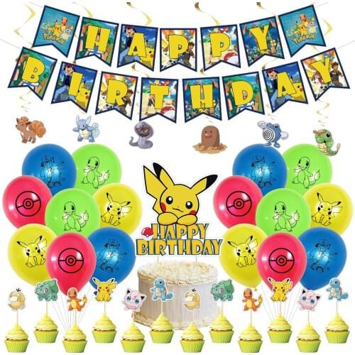 Pokemon Birthday Party Supplies Pikachu Cup Cake Decorating Latex Ballons Party Letter Banner Spiral Boy Kid Girl Christmas Gift