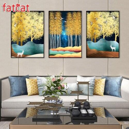 FATCAT Golden abstract forest diy 5d diamond painting full square round mosaic embroidery sale triptych kits home decor AE2561
