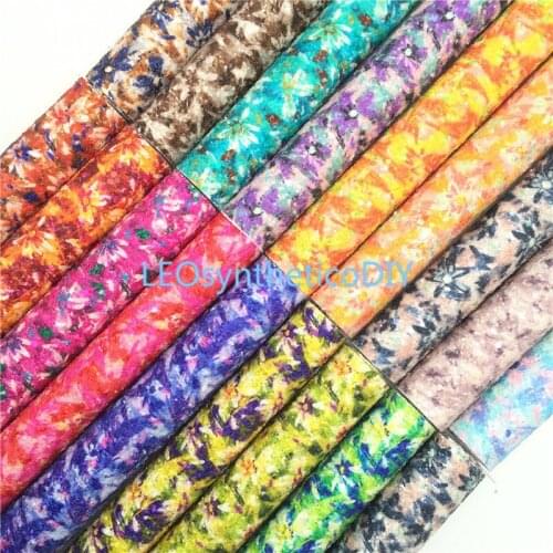 Onefly Flowers Printed Glitter Leather Fabric With Soft Felt Backing, Lace Synthetic Leather For Bow DIY handbags shoes FZ027