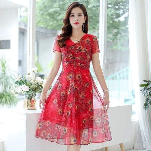 Middle-aged V-neck Sexy Dresses Women Mini dress 2021 Summer New Chiffon Shorts Sleeve Printed Dresses Party Night Dress 821B