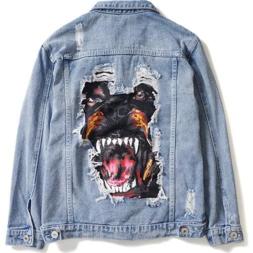 ERENEJIAN Mens Fashion Hi Street Destroyed Jeans Jacket Dog Printed Ripped Denim Trucker Outerwear Tops Clothing Washed Blue