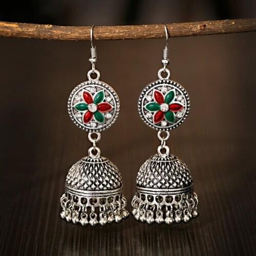Ethnic Silver Color Flower Dripping Oil Hanging India Earrings Oorbellen Hangers Fashion Bohemia Tassel Bells Jhumka Earrings