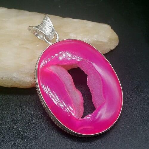 Gemstonefactory Jewelry Big Promotion 925 Silver Natural Hole Agate Druzy Women Ladies Gifts Necklace Pendant 0726