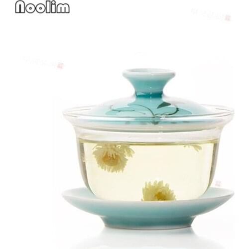 Handmade Chinese Kung Fu Glass Gaiwan Office Teacups High Quality Tea Bowl with Blue Porcelain Cover Household Master Cups