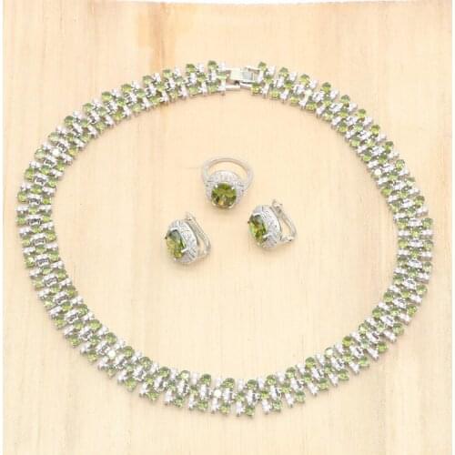 Green Peridot Dubai Silver Color Necklace Sets Jewelry for Women Necklace Hoop Earrings Bracelet Ring Wedding Gift