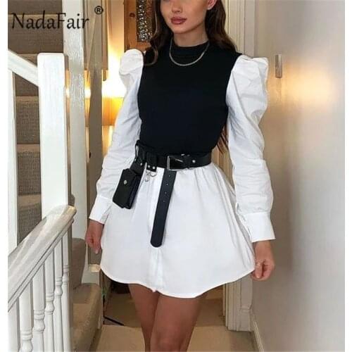 Nadafair Puff Sleeve Mini Dress Women 2021 Spring Chic Wrap A-Line Long Sleeve Shirt Short Vestidos Casual Womens Dress