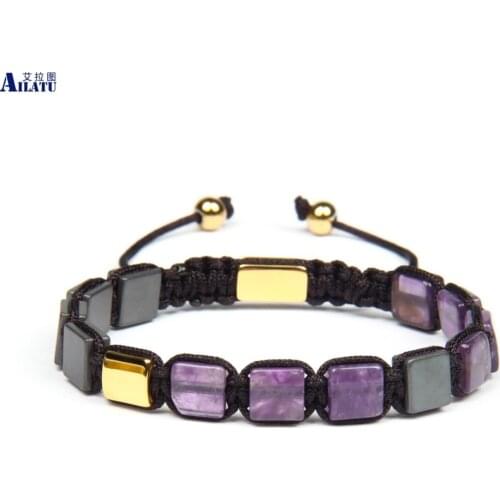 Ailatu New Design Natural Amethys Square Flatbed Macrame Bracelet Stainless Steel Top Quality