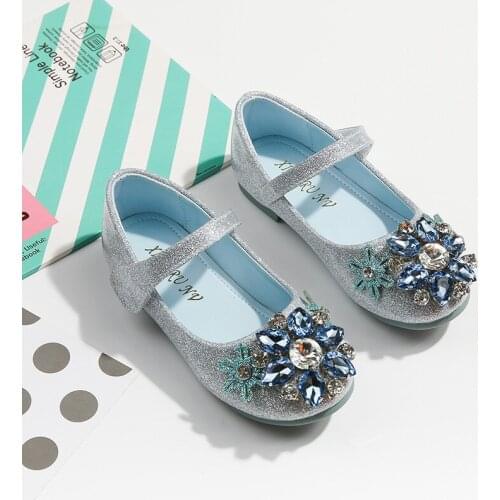 Autumn Girls Princess Shoes Glitter Fashion Rhinestone Kids Dress Shoes Soft Bottom Children Litte Girl Leather Shoes Blue