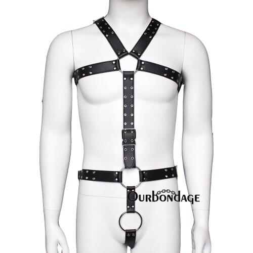 Ourbondage Mens Harness BDSM Bondage PU Leather CrissCross-Shape Body Chest and Waist Harness Strap Shoulder Harness Sex Toys