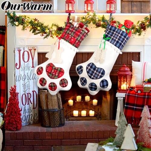 OurWarm Big Buffalo Plaid Puppy Dog Christmas Stocking 42cm*26cm Cotton and Burlap Bone Christmas Gift Bags for Dog