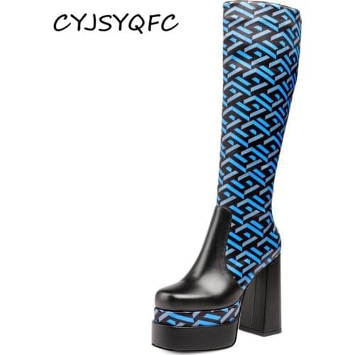 CYJSYQFC Genuine Leather Women Chunky High Heel Platform Knee High Boots Sexy Round Toe Mixed Colors Mid Calf Boots High Quality