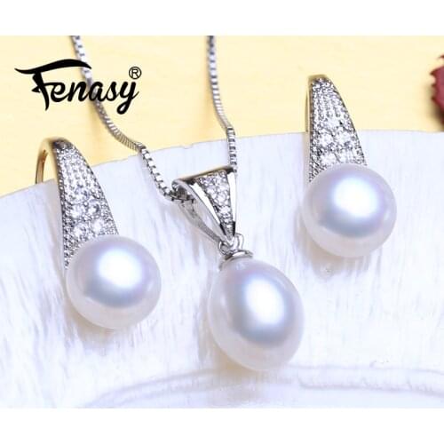 FENASY 925 Sterling Silver Pendant Necklace Natural Pearl Jewelry Sets For Women Classic Stud Earrings Fashion Party Rings
