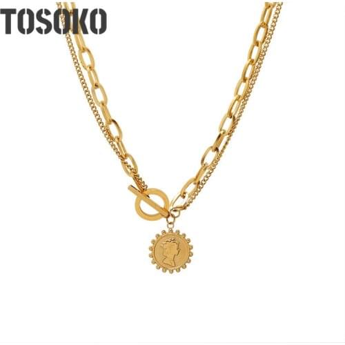 TOSOKO Stainless Steel Jewelry Queen Wave Edge Double-Layer OT Buckle Womens Fashion Double-Layer Stacked Necklace BSP968