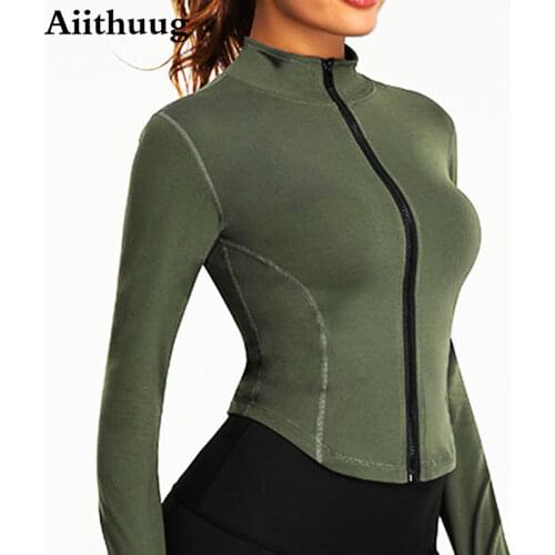 Aiithuug Women Stretchy Full Zip Workout Yoga Track Jacket Slim Running Sports Jackets with Thumb Hole Long Sleeve Running