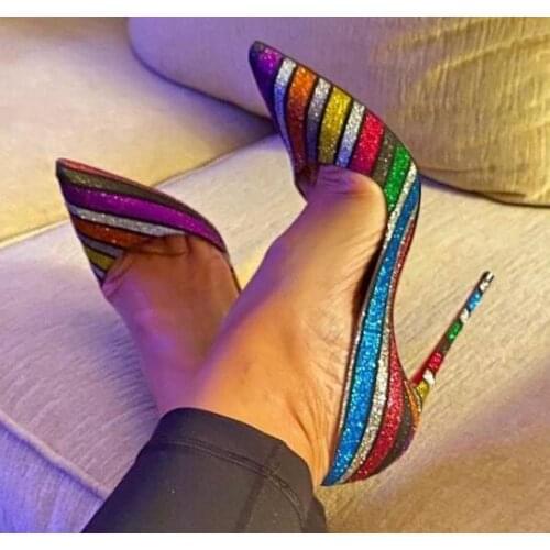Moraima Snc Colorful Glitter Embellished High Heel Shoes Sexy Pointed Toe Party Wedding Heels Women 12/10CM Stiletto Heels