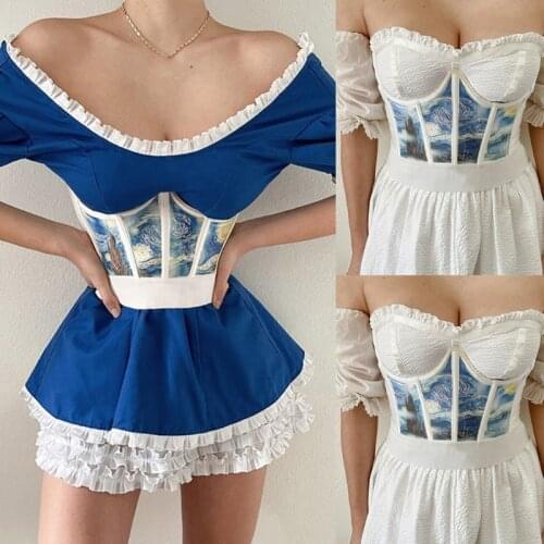 Women Sexy Underbust Bustiers Corset Vintage Art Oil Painting Starry Night Print Elastic Waist Shaper Girdle Cincher