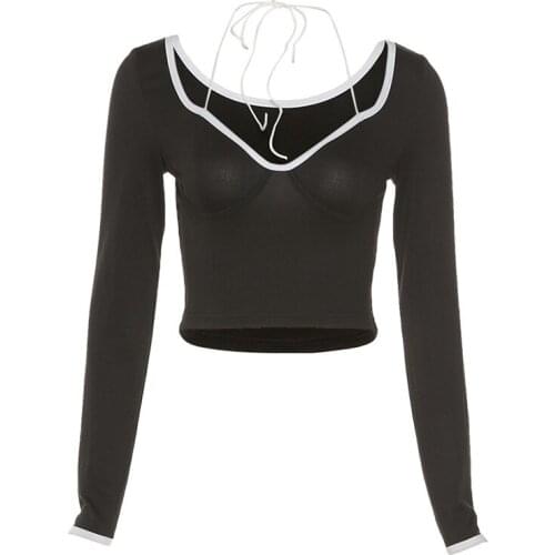 Women Vintage Low Cut Top Fashion Long Sleeve V Neck Short T-shirt Sexy Black Halter Tees Female Casual Crop T-shirt Summer New