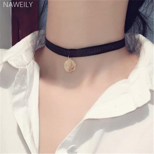 NAWEILY Newest Black Lace Choker Necklace Clavicle Short Coin Pendant Necklaces For Women Bijoux Fashion Jewelry Gift NWLN367