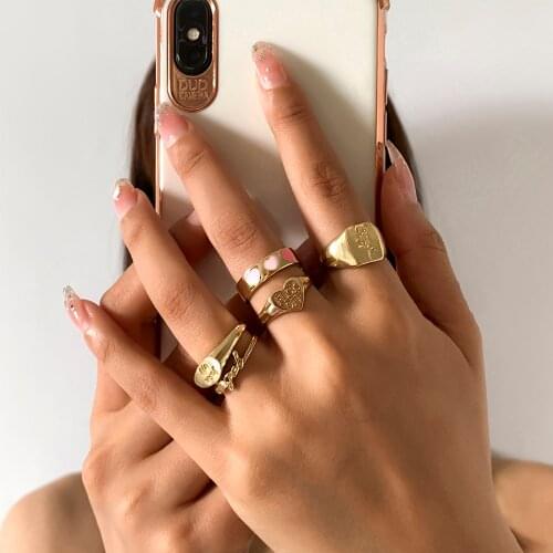 Lacteo 6 Pcs/Set Steampunk Carved Rose Letter Charm Rings For Women Acrylic Bohemian Painted Heart Ring Jewelry Accessories