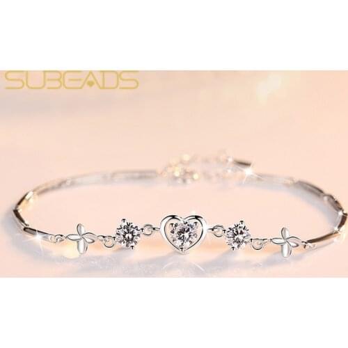 Subeads 925 Sterling Silver Crystal Four Leaf Clover Heart Charm Bracelet For Women Pulserias Link Chain Bracelet Fine Jewelry