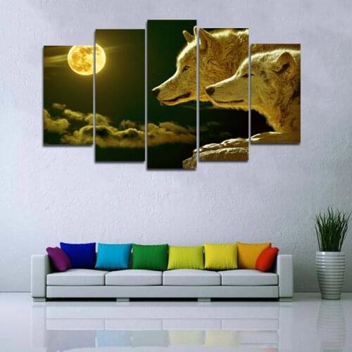 5 Panels /set Wolf And Moon Canvas Painting Wall Art Pictures For Living Room Modern Decorative Animal Pictures Unframed