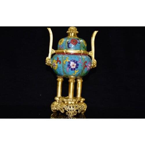 Chinese temple collection Old Bronze Cloisonne Enamel Lion statue Three-legged incense burner Base Ornaments Town House Exorcism