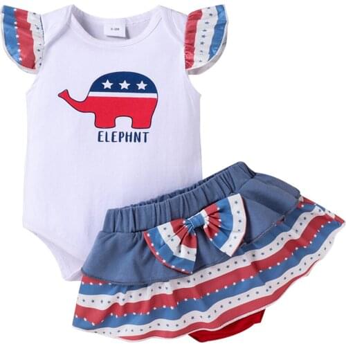 2Pcs Baby Independence Day Outfit, Elephant Ruffled-Sleeve Romper + Stripe Pantskirt for Infant Girls, 0-12 Months