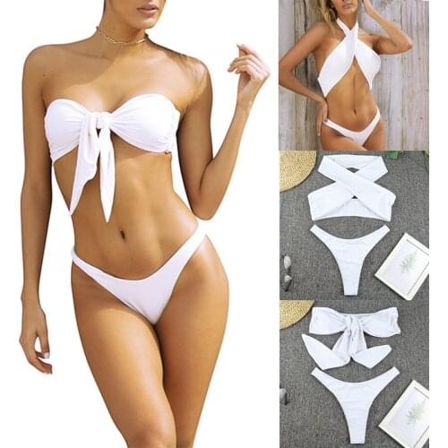 Hot kf-Bandeau Swimsuit Women Bikini Set Low Waist Swimwear Female Knot Vintage Biquini Sexy Off Shoulder Bathing Suit