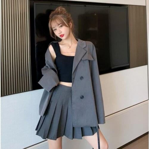2021 New Fashion Elegant Black Double-breasted Women Blazer Suits Vintage Solid Loose Work Wear Tops Outerwear Female Jacket Set