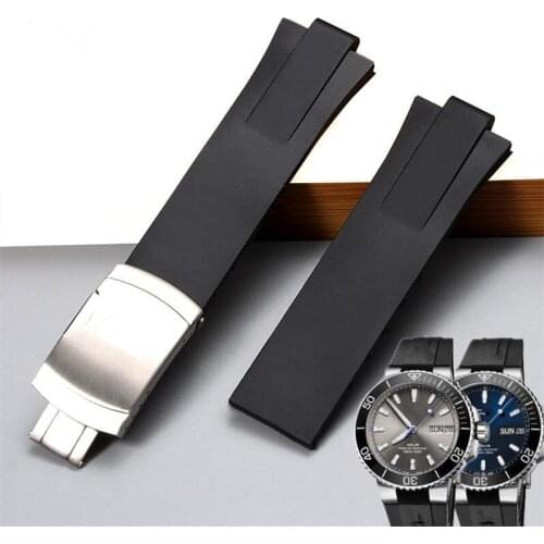 New Durable 24*11mm Black Convex Silicone Rubber Watchband Folding Buckle Waterproof Strap For Oris Aquis Watch Braceltet Logo
