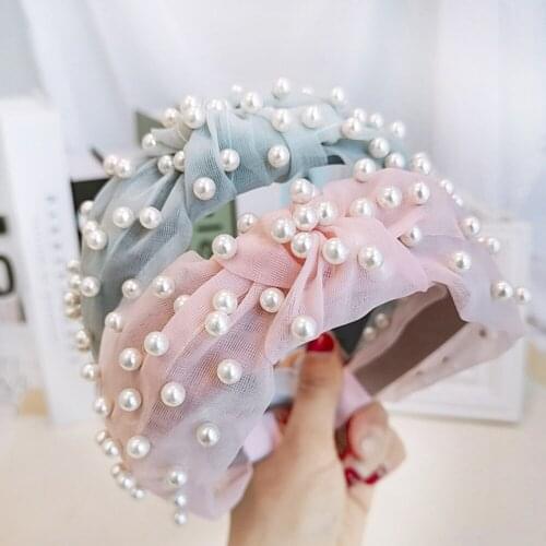 Girls Hairband Korean Lace Knot Headband Big Pearl Tie Knot Women Head Band Hair Hoop Harajuku Solid 7cm Wide Hair Accessories