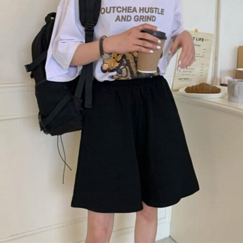 Solid Color Shorts For Women Loose Fitness Elastic Waist Fashion Cycling Shorts Summer Casual Korean Knee-Length Black Bottoms