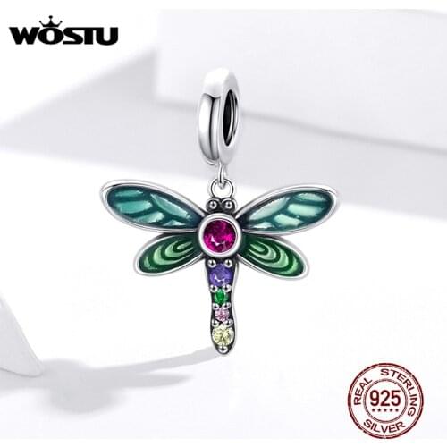 WOSTU 100% 925 Sterling Silver Bead Shiny Dragonfly Charm Pendant Fit Original Bracelet Necklace DIY Jewelry CQC1706