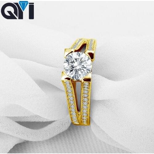 QYI 1ct Women 14K Solid Yellow Gold Split Band Rings Round Cut Sona Simulated Diamond Solitaire Engagement Ring