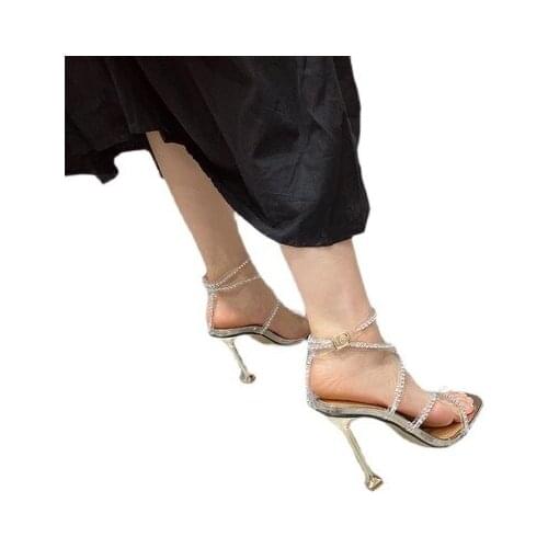 Summer Sandals For Women Crystal Crossover High Heels 11CM Square Toe Bling Fairy Sandals Girls Party Wedding Shoes Gladiator