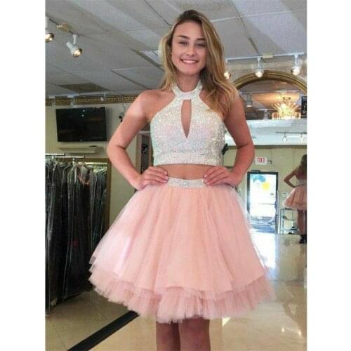 Sexy Short Halter Beaded Tulle Homecoming Dresses Two Pieces A-Line Knee Length Key Hole Graduation Dresses for Juniors