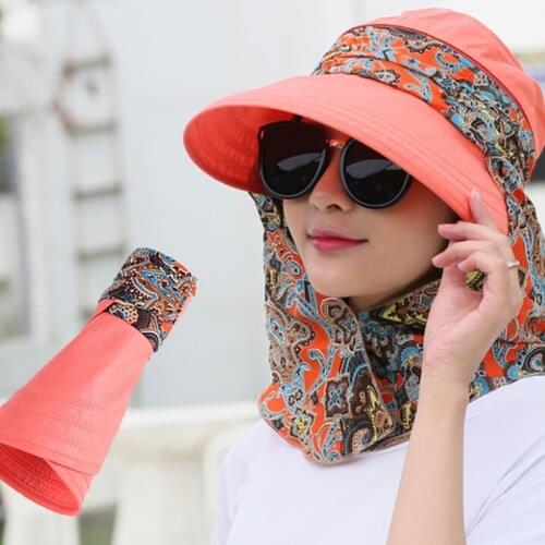 Women Summer Outdoor Riding Anti-UV Sun Hat Beach Foldable Sunscreen Floral Print Caps Neck Face Wide Hat