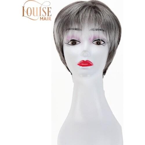 Louise Hair Synthetic Short Straight Hair Puffy Natural Black Silver Grey Mixed Wigs With Bangs For Elderly Women