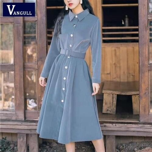 Vangull Corduroy Waist Slim Solid Single-Breasted A-Line Dress Goddess Fan Temperament Retro Gentle Office Lady Dress With Belt