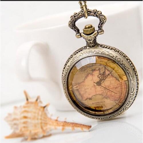 Vintage Fashion quartz Bronze antiques world map men and woman Necklace pocket watches git