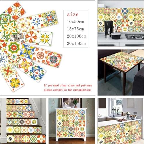 Yellow & Red Flowers Pattern Strip Tiles Wall Stickers Bathroom Kitchen Home Renovation Wallpaper Waterproof Art Wall Decals