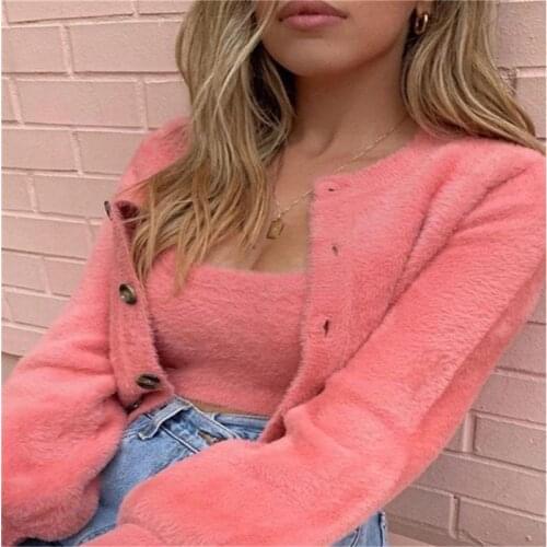 2pcs Women Casual Fashion Soft Plush Fleece Coat Solid Color Long Sleeve Jacket Winter Warm Sweater Button Outwear Pink Green