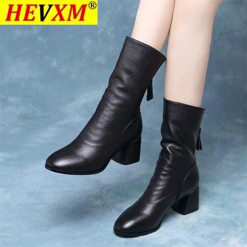 Boots Women Autumn And Winter Boots High Heel Short Boots Womens Plus Velvet / Medium Tube Back Zipper Leather Boots